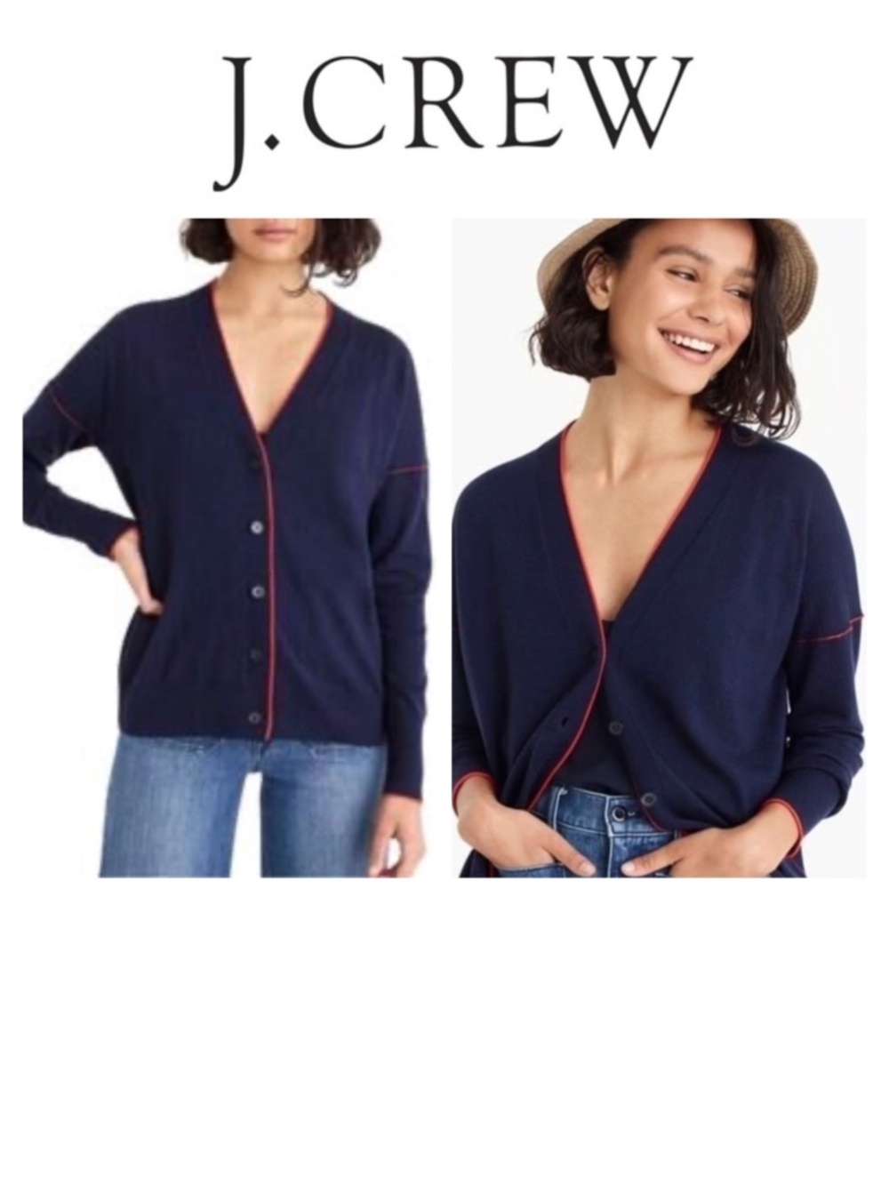 J Crew Cardigan Sweater Large 12 14 Merino Wool Navy Blue Piping Claire Preppy